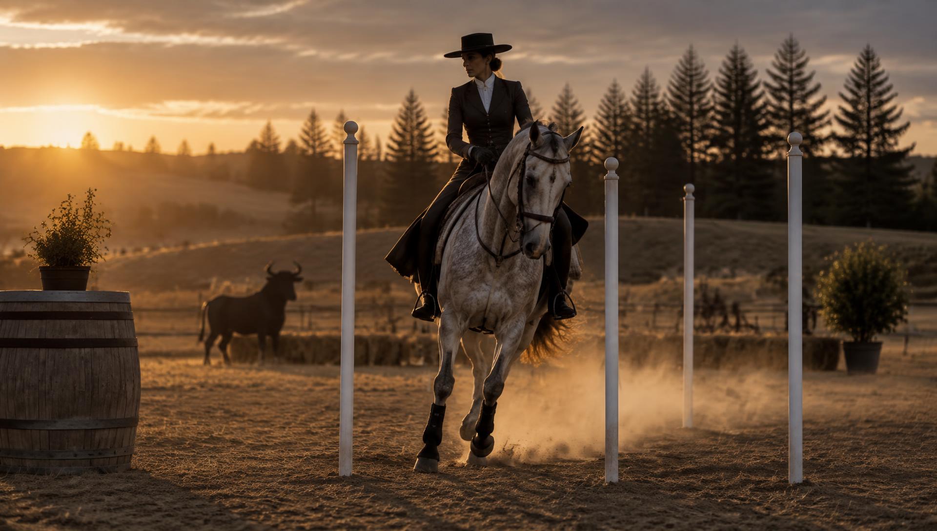 Rider cantering through the obstacle course at sunset